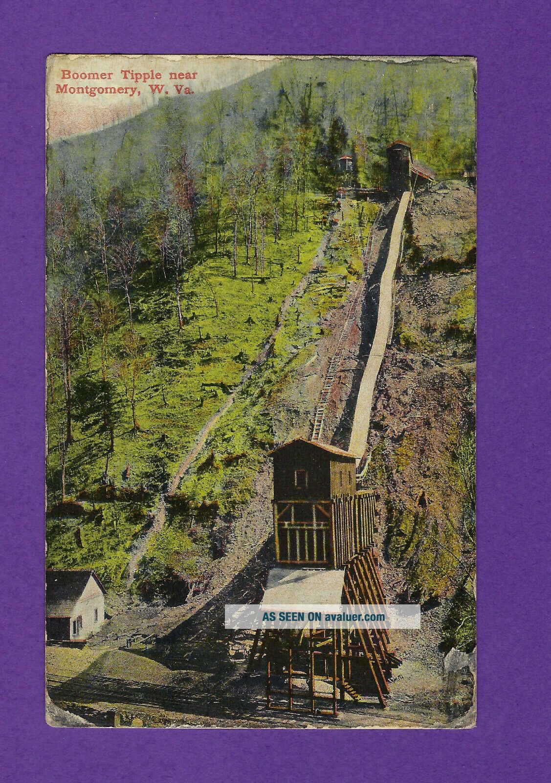 Montgomery,  WV,  postcard view of BOOMER COAL TIPPLE Aug 1908,  with faults