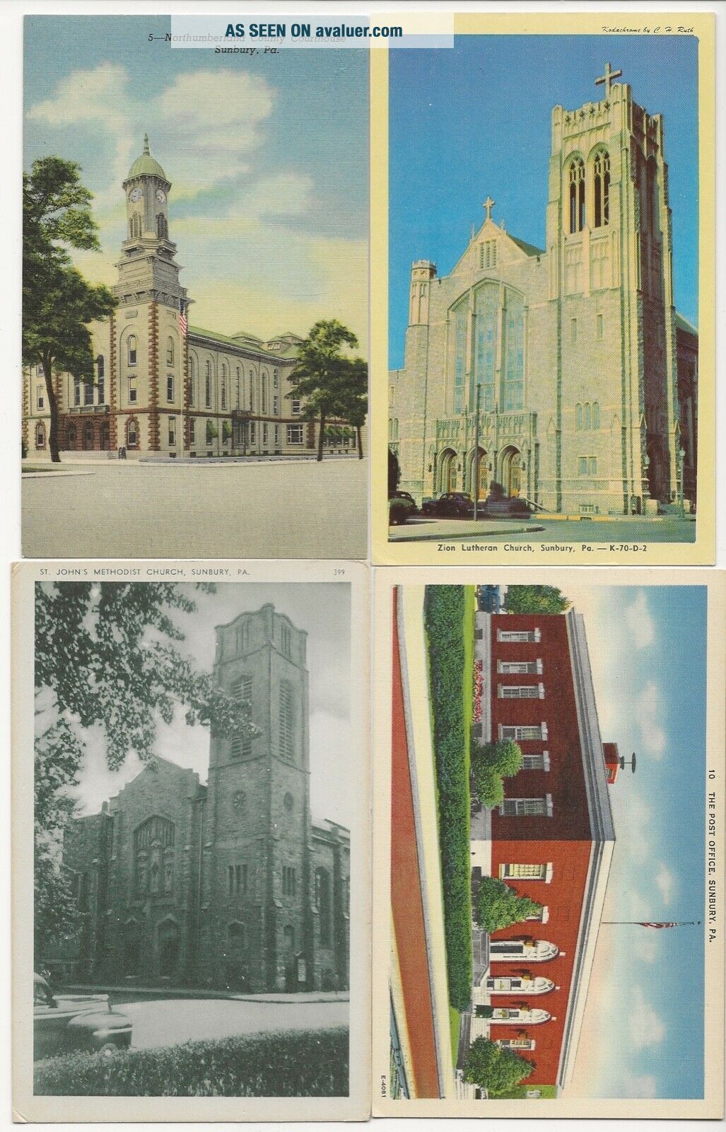 SUNBURY,  PA.  POST OFFICE,  ST.  JOHN ' S & ZION LUTHERAN CHURCHES.  4 OLD POSTCARDS