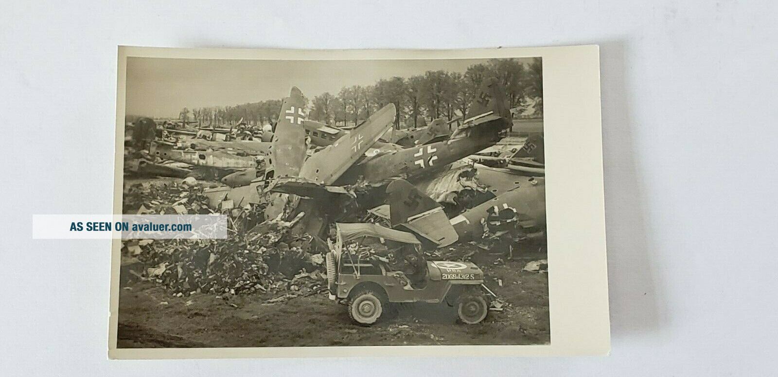 WW2 WWII postcard of destroyed German Nazi planes and Allied jeep