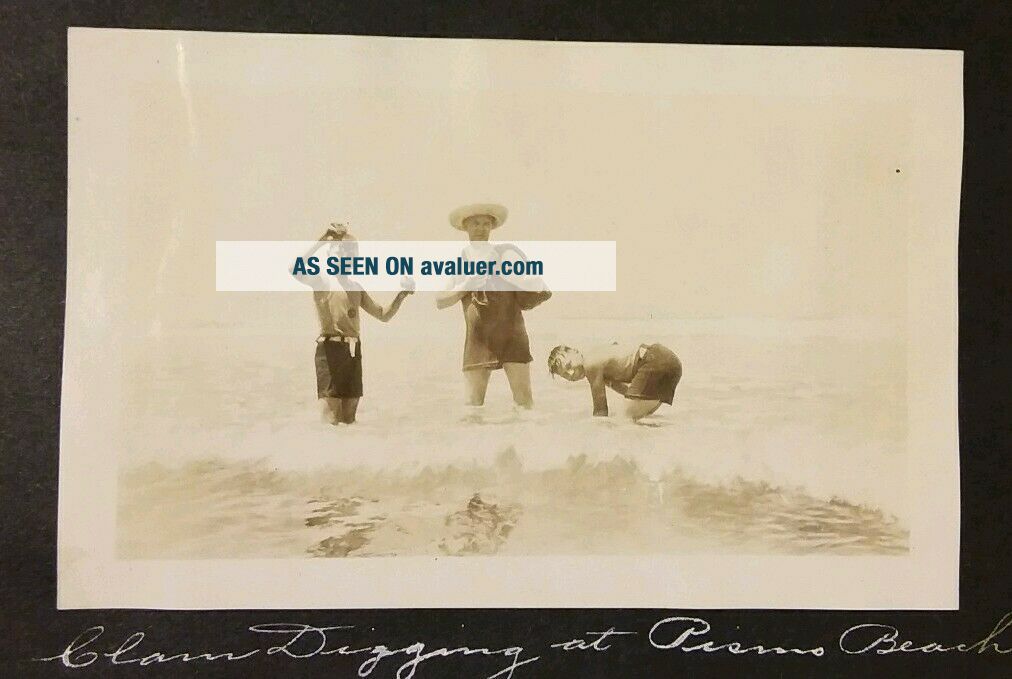 2 Vintage Old 1924 Photos of a Man & Two Boys Clam Digging in Ocean Pismo Beach
