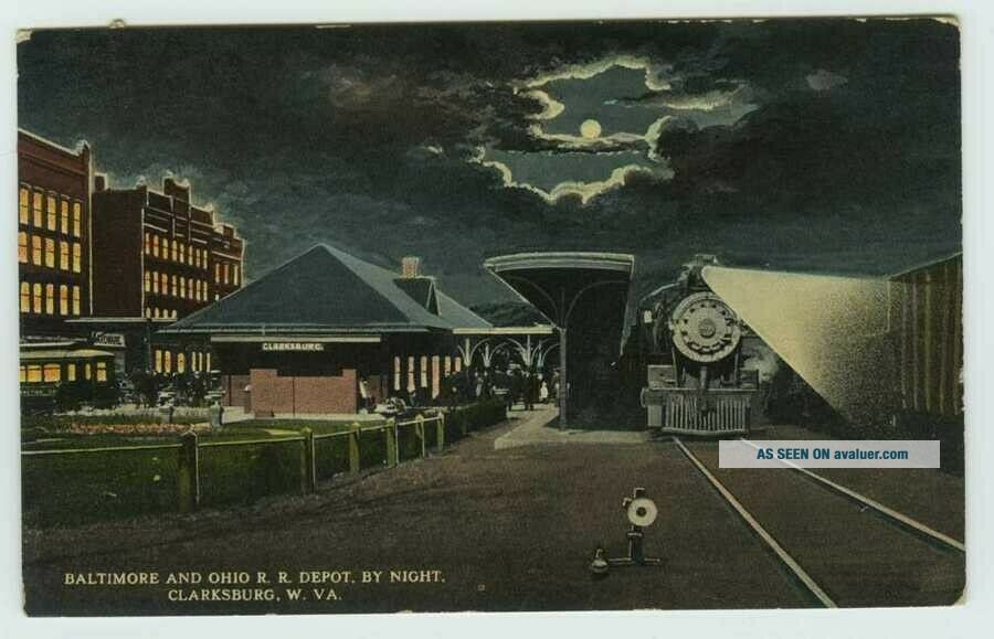 Clarksburg WV B&O Railroad Depot by Night 00 - 10s Postcard