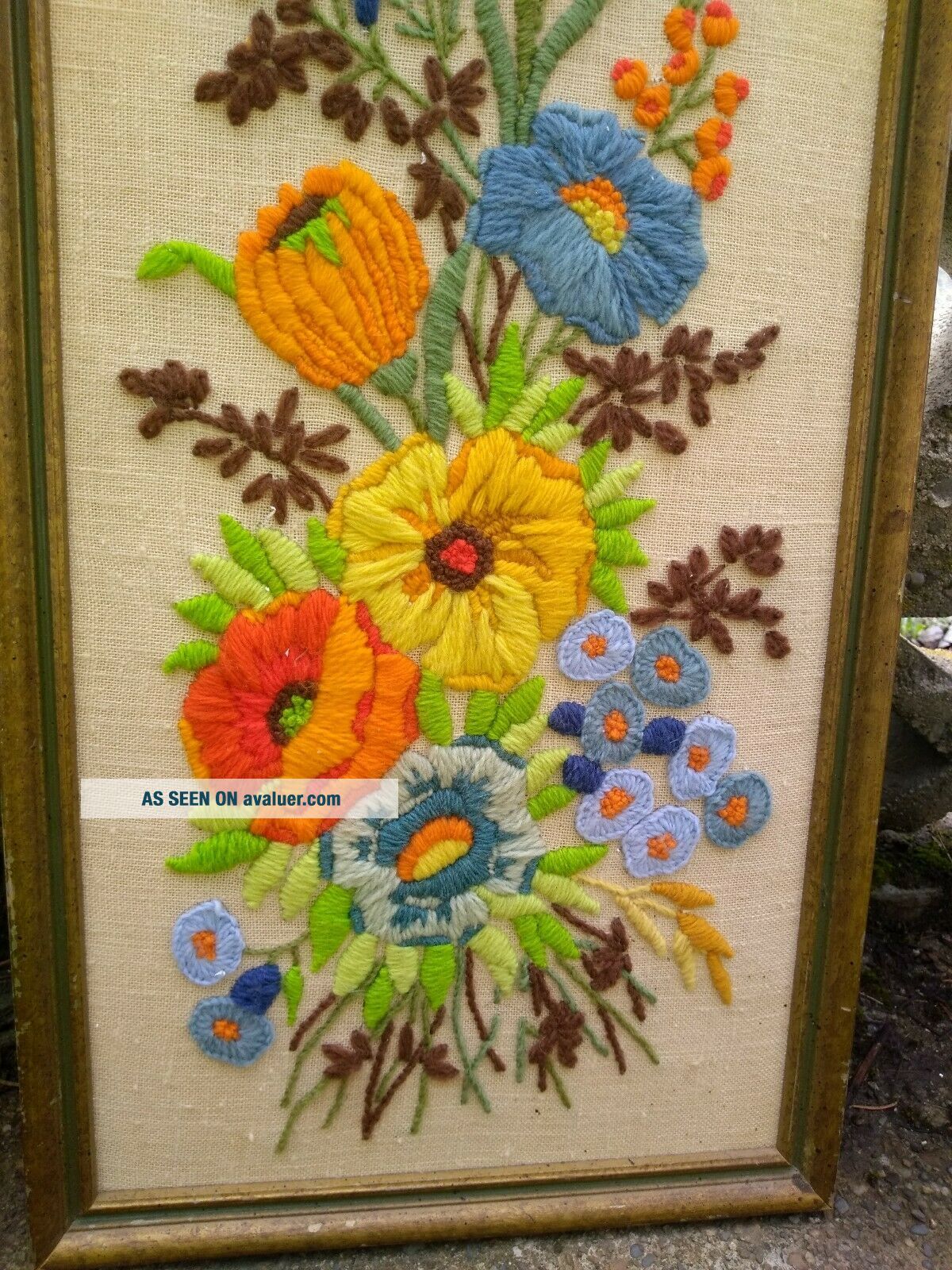 Vintage Framed Floral Embroidered Crewel Art Wall Hanging Harvest 11 X ...