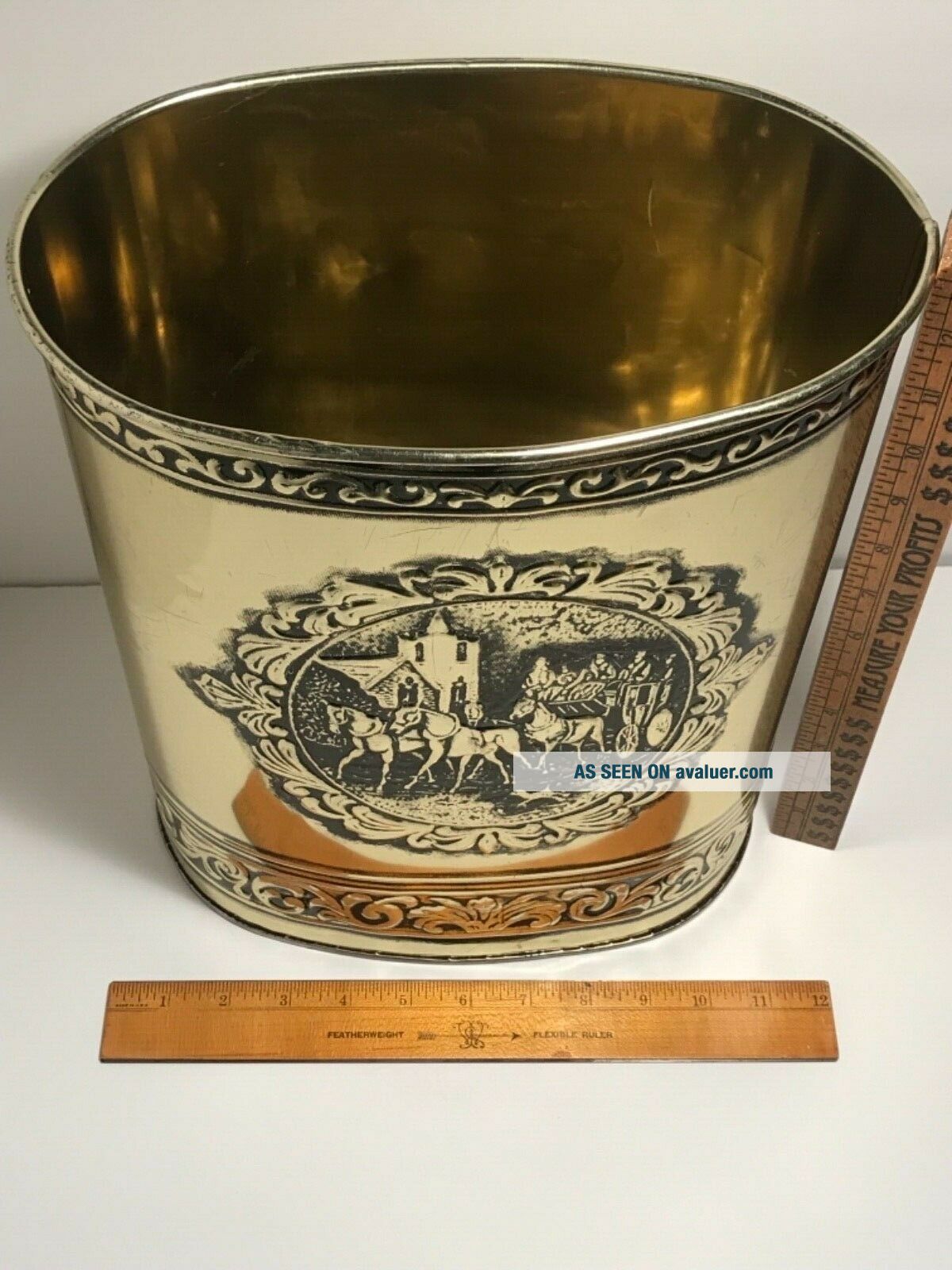 Vintage Weibro Metal Trash Can Waste Basket Gold Tone Horse Carriage ...