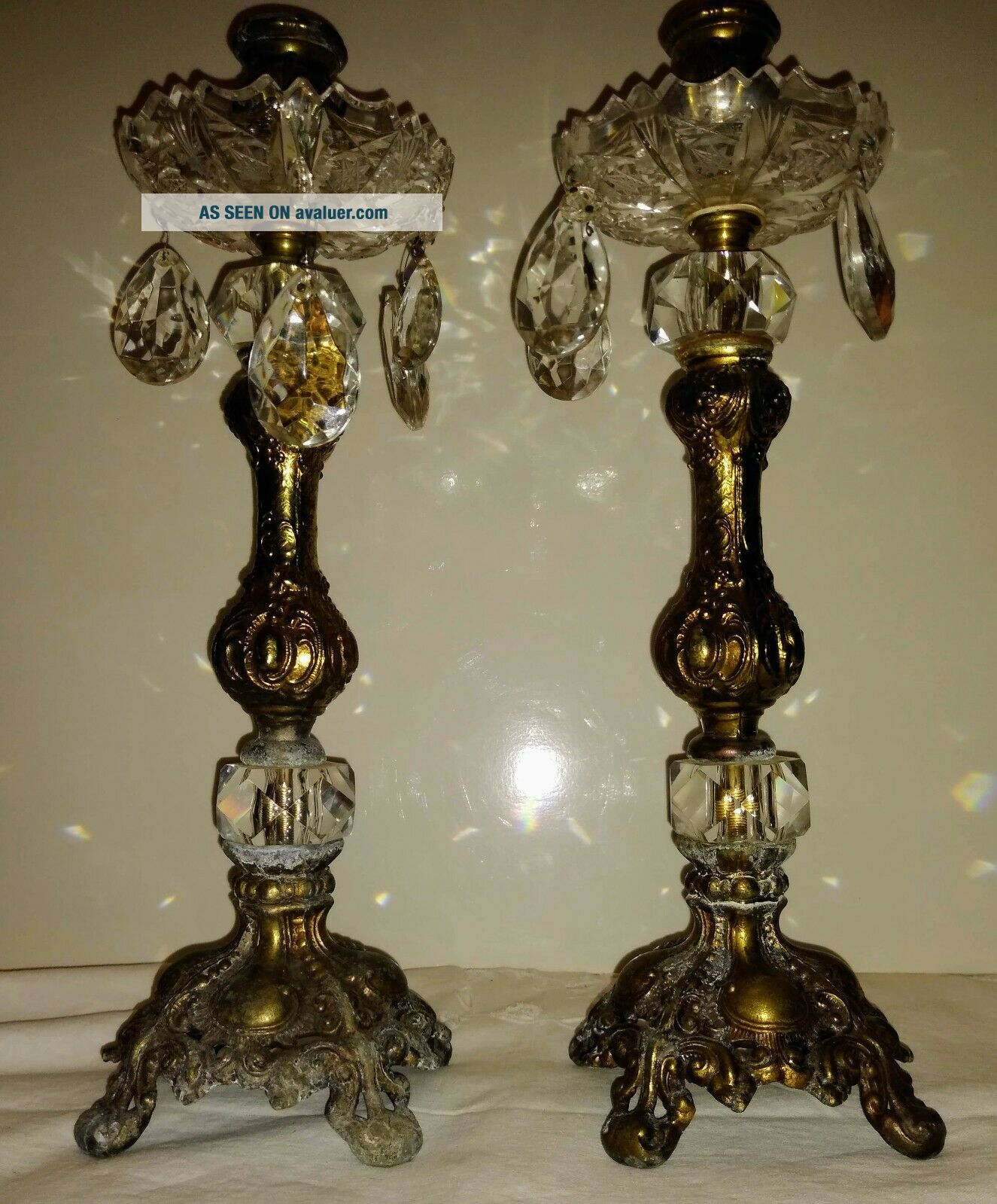Vintage Pair Brass Glass Candle Holders With Crystal Prisms VTG CANDLE