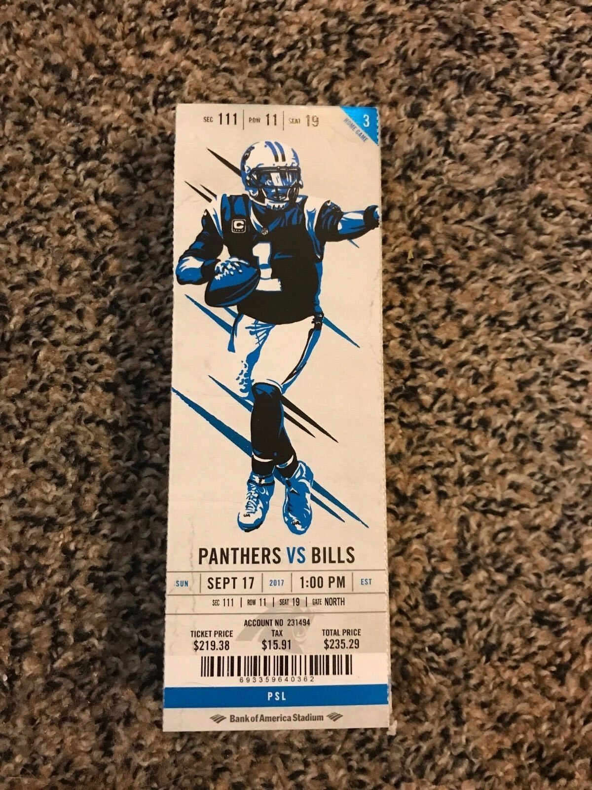 2017 CAROLINA PANTHERS VS BUFFALO BILLS NFL FOOTBALL TICKET STUB 9/17 ...