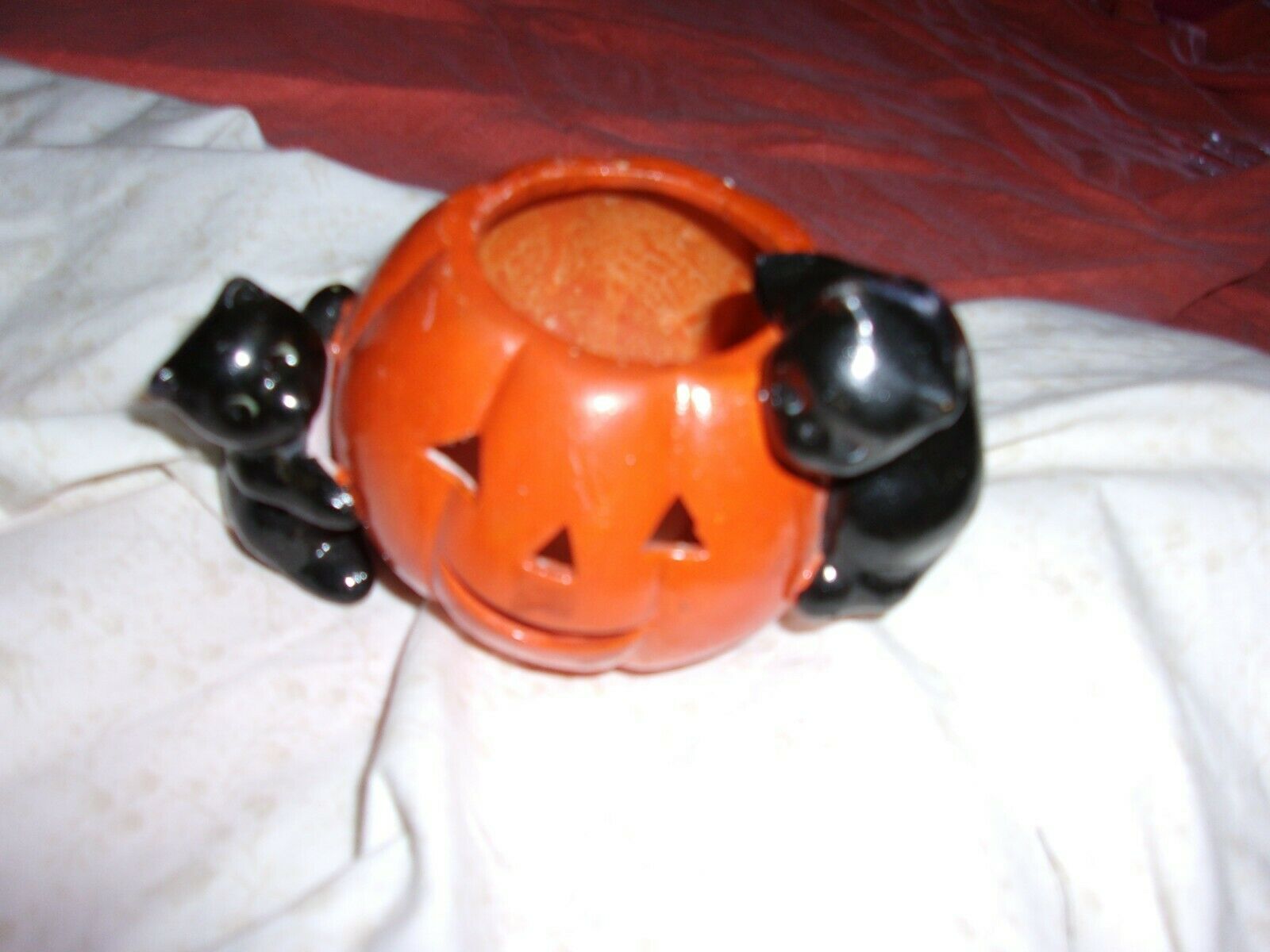 Vintage Old Black Cat Halloween Pumpkin Jack O Lantern Candle Holder ...