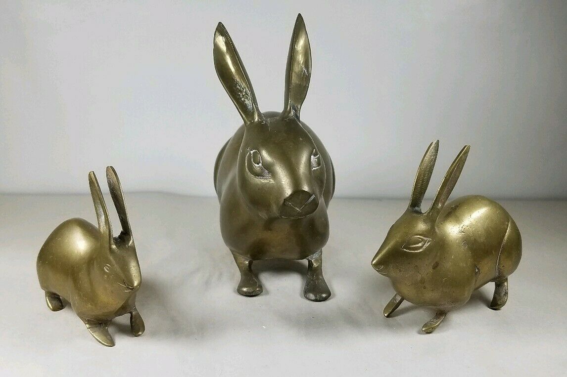 Vintage BRASS BUNNY RABBIT Statues SET OF 3 Paperweight Heavy Made In ...