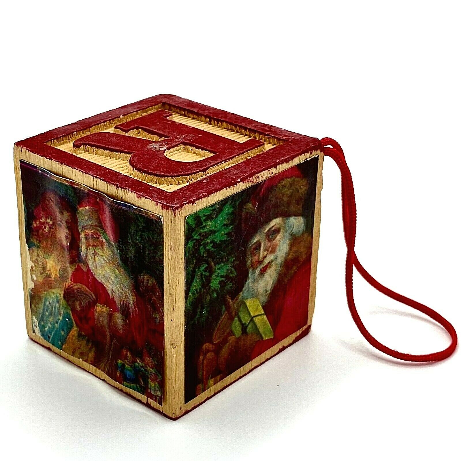 Vintage Wood Block Christmas Ornament Old World Santa Scenes Letters E ...