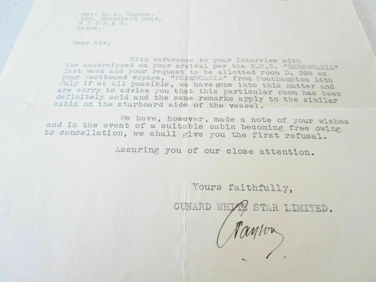 Stern Rider Letters Cunard White Star Passenger Letter SS Imperator Berengaria 1937 Cruise ...